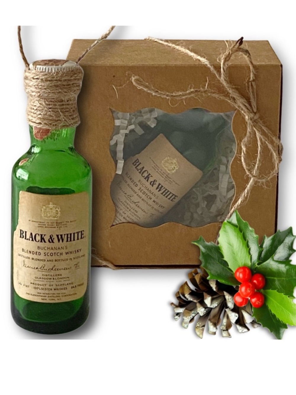Black & White Buchanan's Scotch Whisky Artisan Vintage Glass Bottle Ornament
